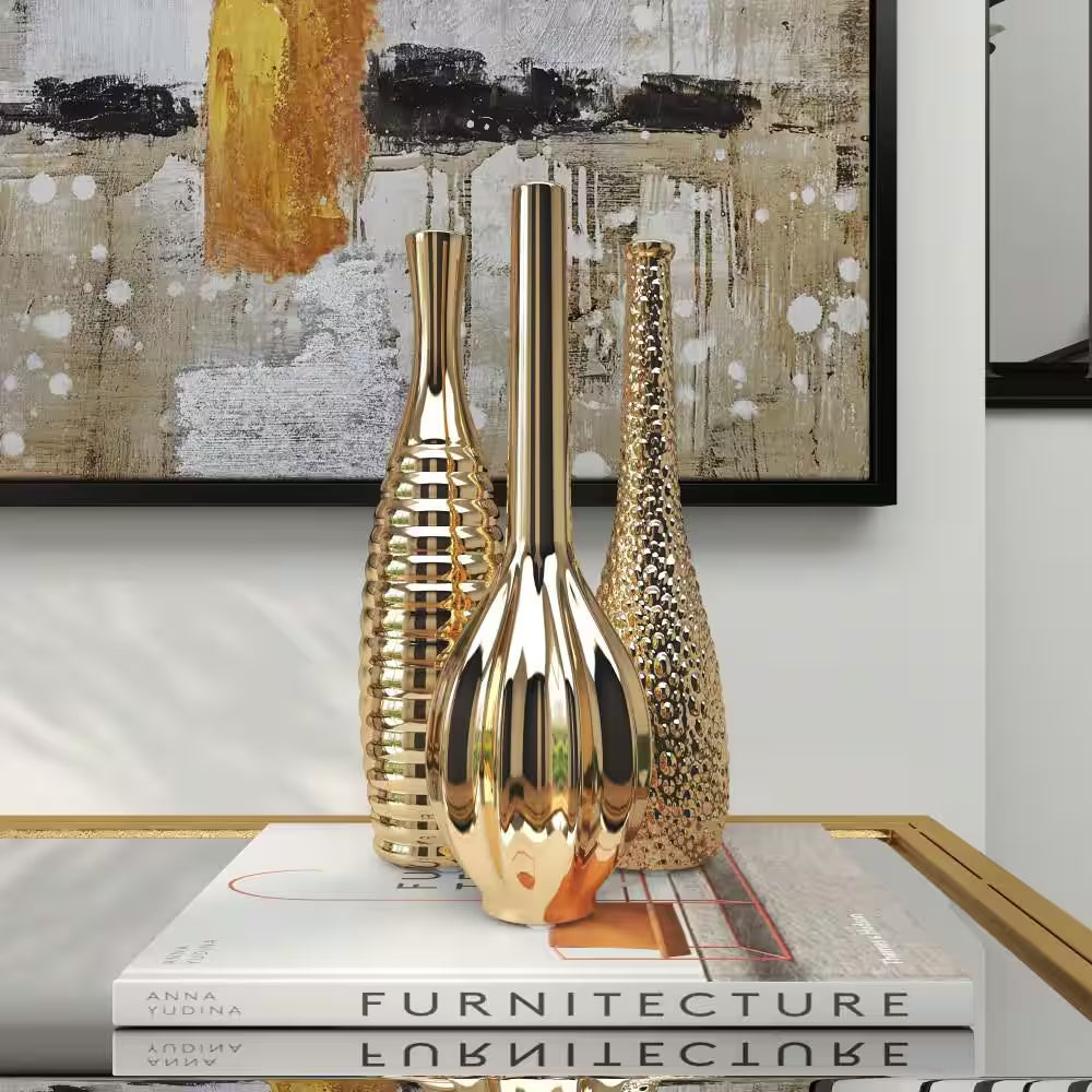 Golden Harmony™ Textured Ceramic Vase Set (3-Piece)