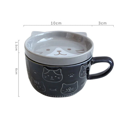 Japanese Cat Coffee Mug With Small Lid Dish Cute