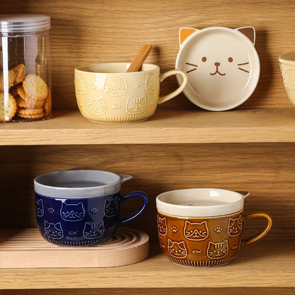 Japanese Cat Coffee Mug With Small Lid Dish Cute