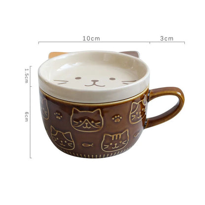 Japanese Cat Coffee Mug With Small Lid Dish Cute