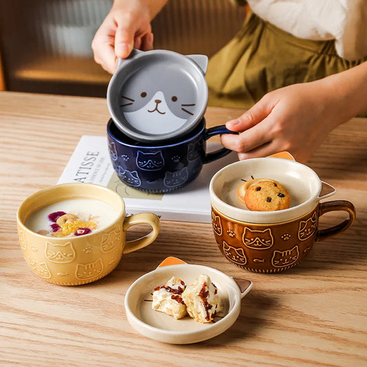 Japanese Cat Coffee Mug With Small Lid Dish Cute